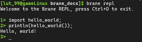 A terminal showing the command to run the workflow, and then 'Hello, world!'