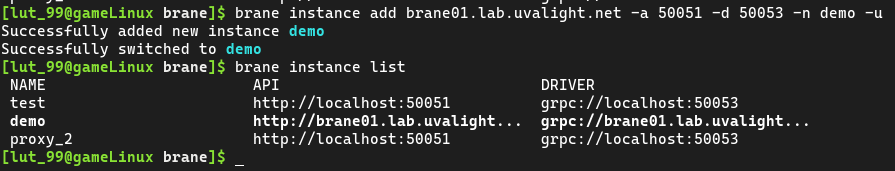 A terminal showing `brane instance add ...` and `brane instance list`